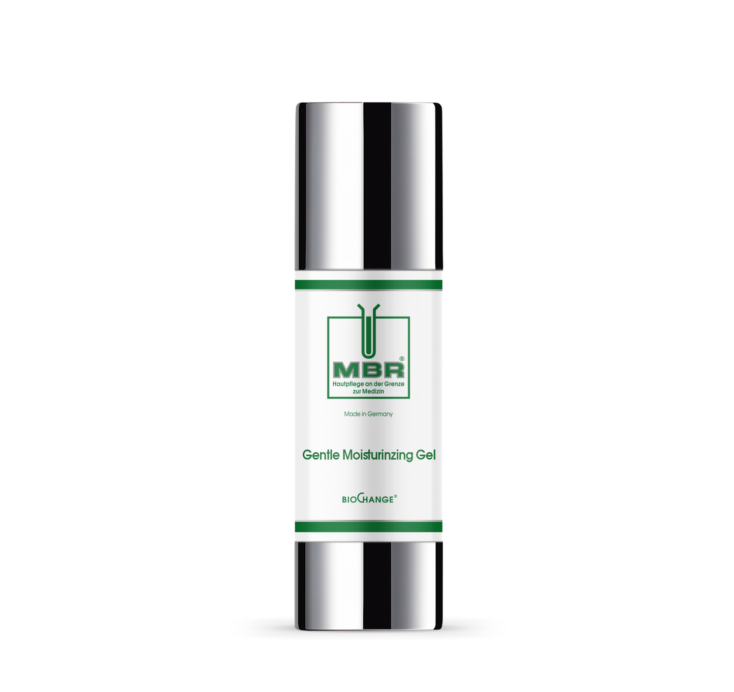 A silver and white bottle of MBR Moisturizing Gel with green accents stands upright on a white background. The label features the brand name and details, promoting maximum moisture with hyaluronic acid.