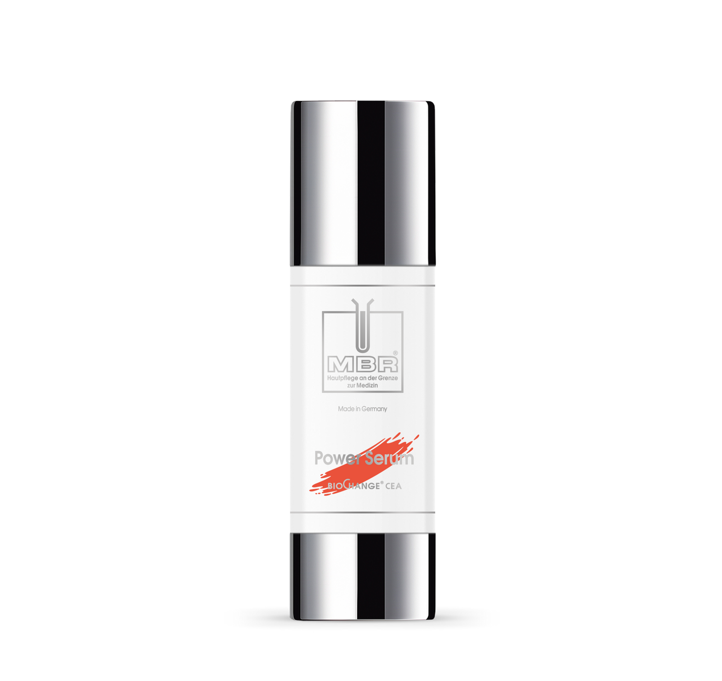 A white bottle of MBR Hautpflege an der Grenze zur Medizin - Power Serum with a silver cap and base, minimalist text, and a red accent on the label, displayed against a plain white background.
