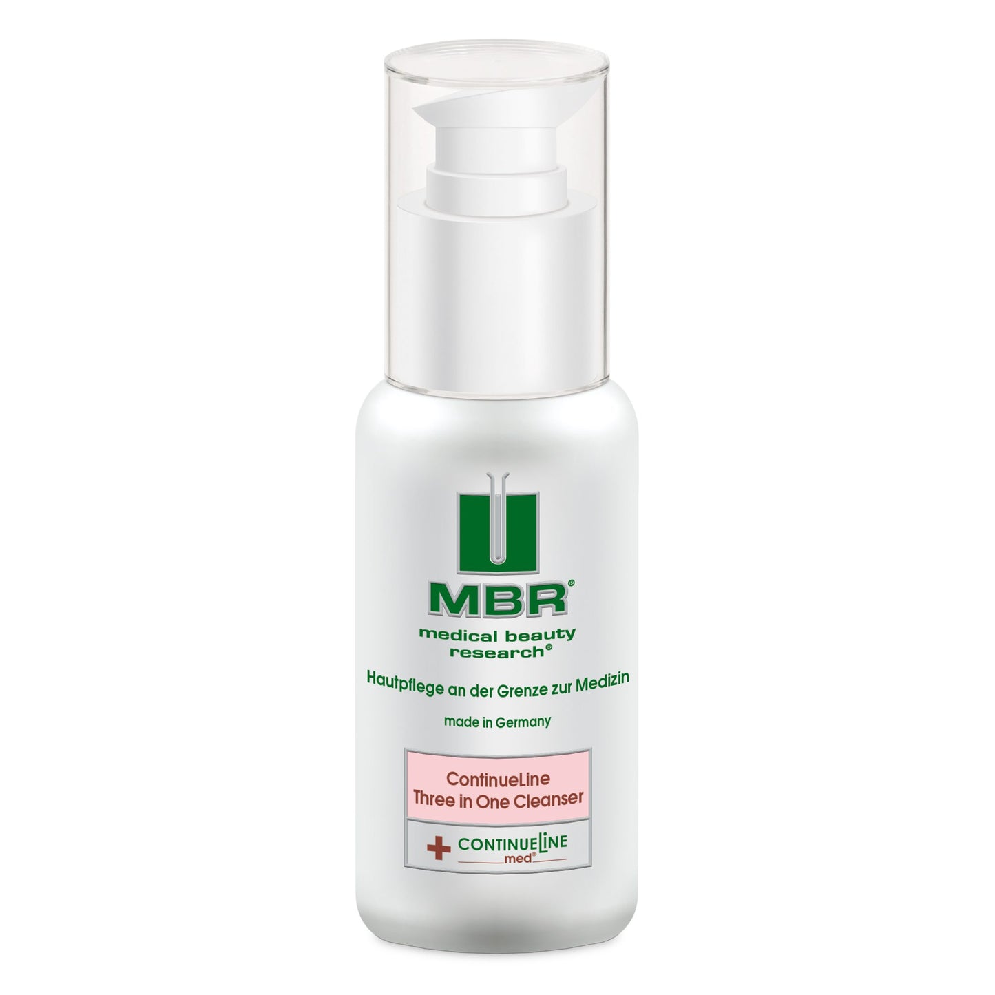 A white pump bottle labeled MBR ContinueLine Three in One Cleanser with green and pink accents; text notes its made in Germany.