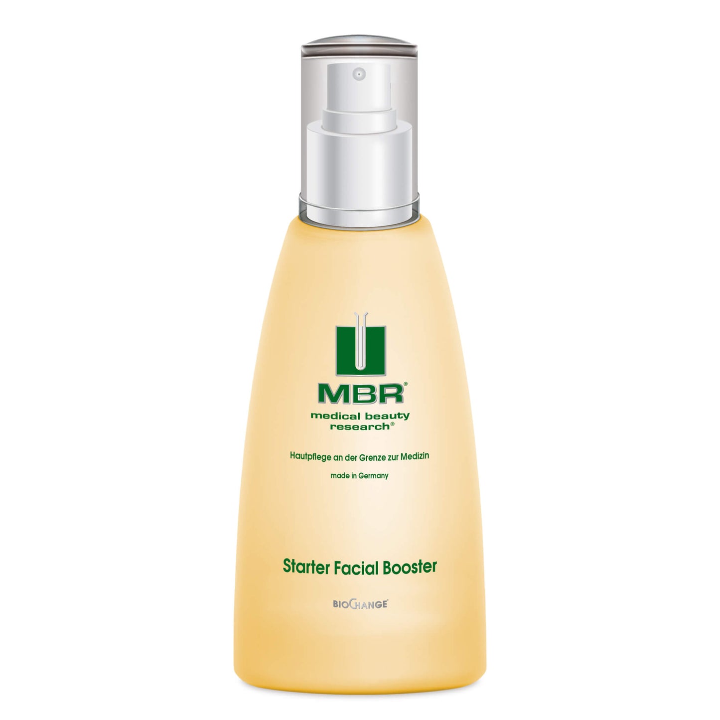 A yellow bottle of Starter Facial Booster with a silver and white pump dispenser, labeled “medical beauty research” and “made in Germany,” ideal for skin stimulation and reducing fine lines.