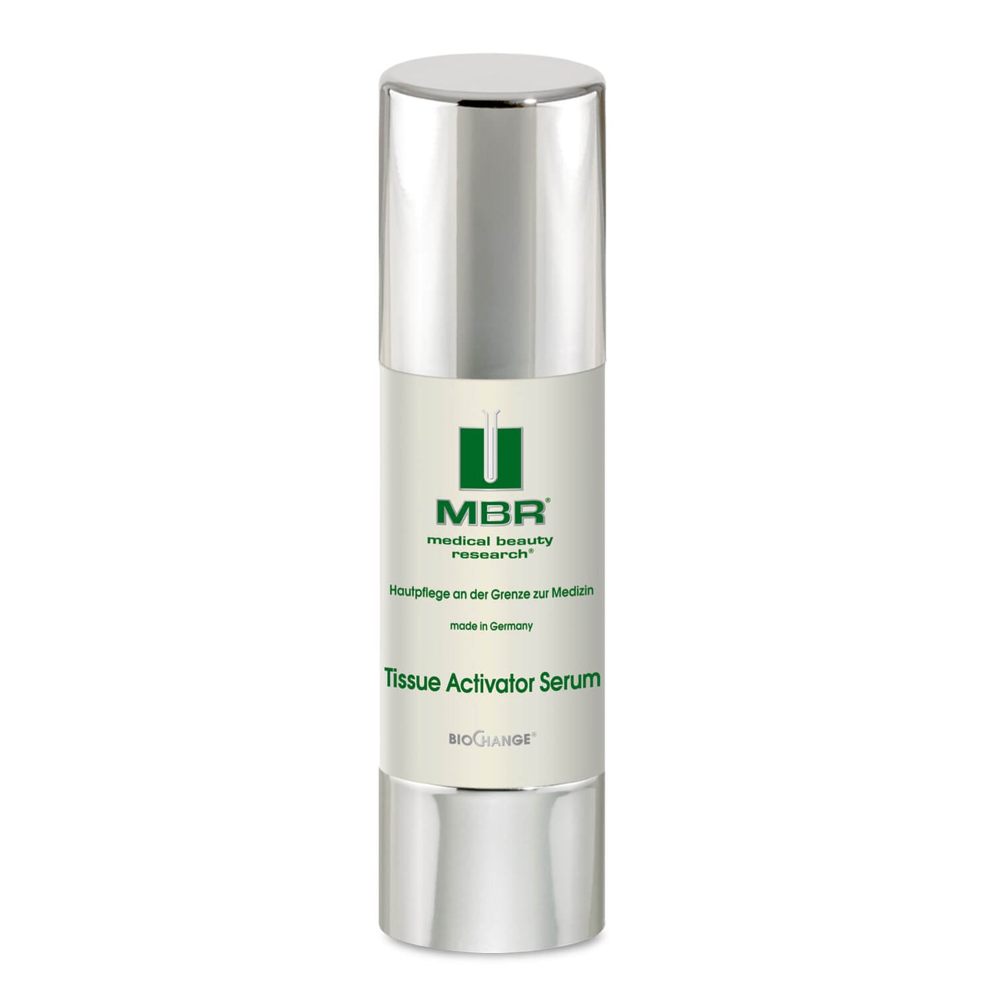 A silver and white bottle of Tissue Activator Serum with a shiny cap and green logo, made in Germany for skincare, supports tissue formation and helps maintain collagen balance.