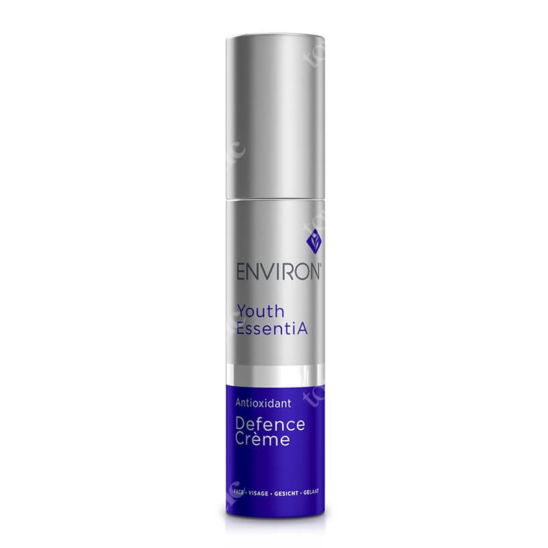 A silver and blue bottle of Antioxidant Defence Crème, an anti-aging moisturizer with a pump dispenser and clear front label text.