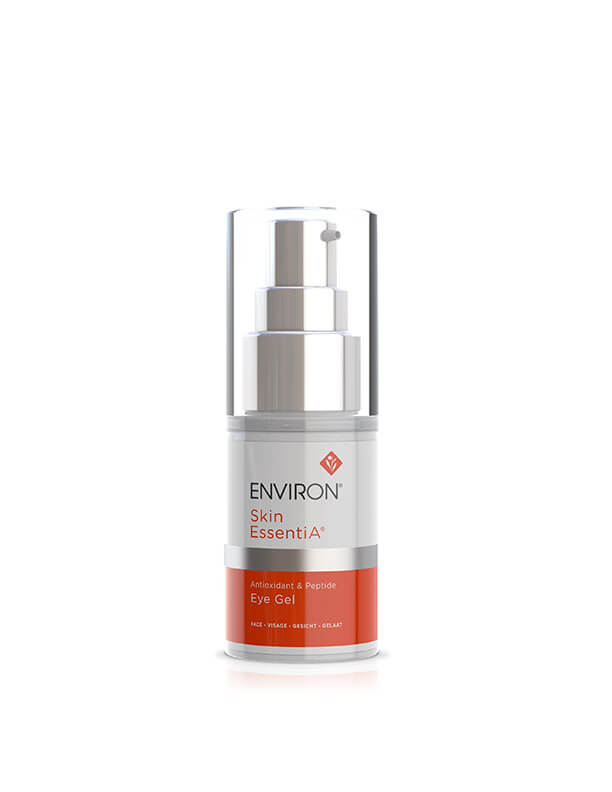 A clear bottle of Antioxidant & Peptide Eye Gel with a silver pump and orange label, designed to deliver antioxidants for refreshed, youthful-looking skin.