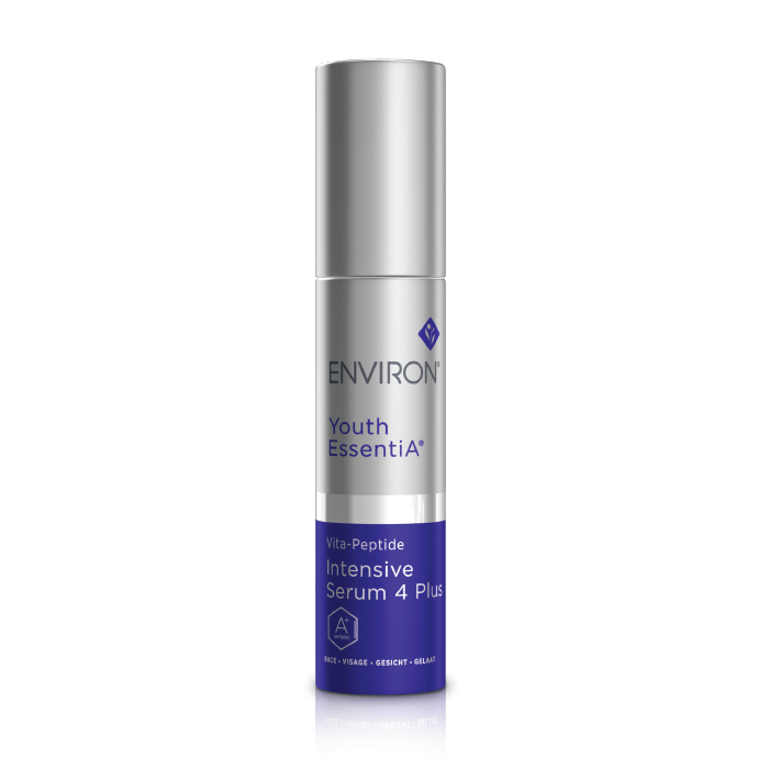 A silver and purple bottle of Vita-Peptide Intensive Serum 4 Plus, rich in vitamin A and antioxidants, stands upright against a white background.