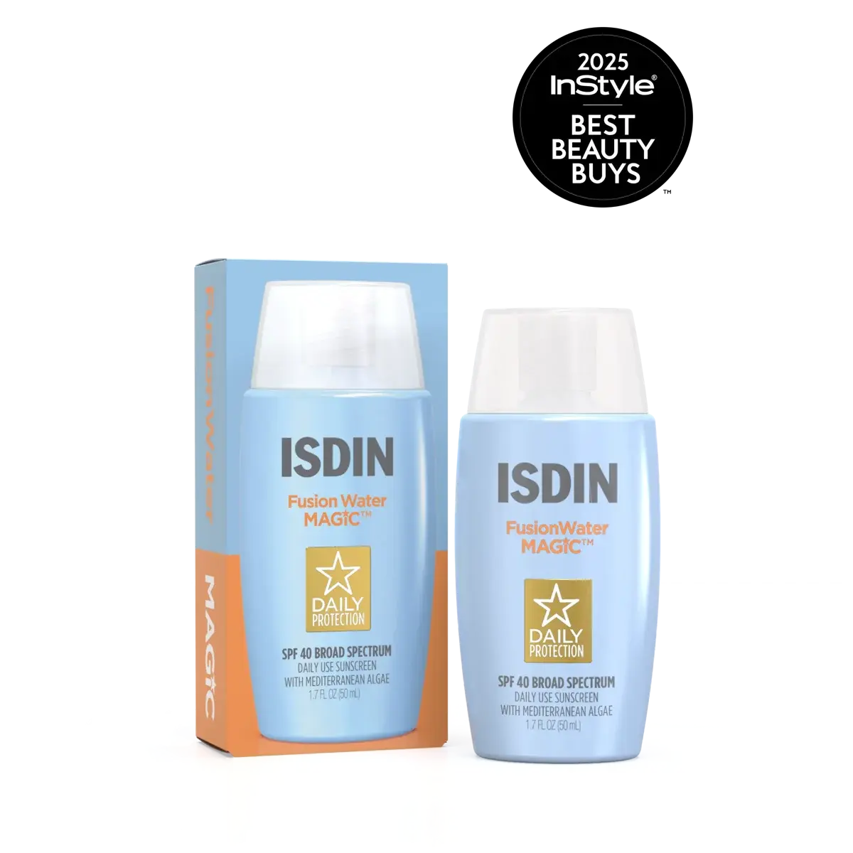 A blue and white bottle of Fusion Water MAGIC SPF 40 sits next to its box, topped by a 2025 InStyle Best Beauty Buys badge, all set against a black background.