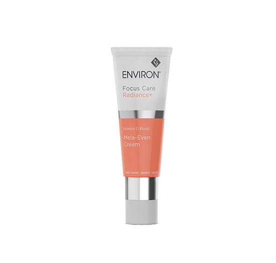 A tube of Intense C-Boost Mela-Even Cream with a white and orange design and silver cap stands upright on a plain white background—perfect for targeting uneven skin tone.