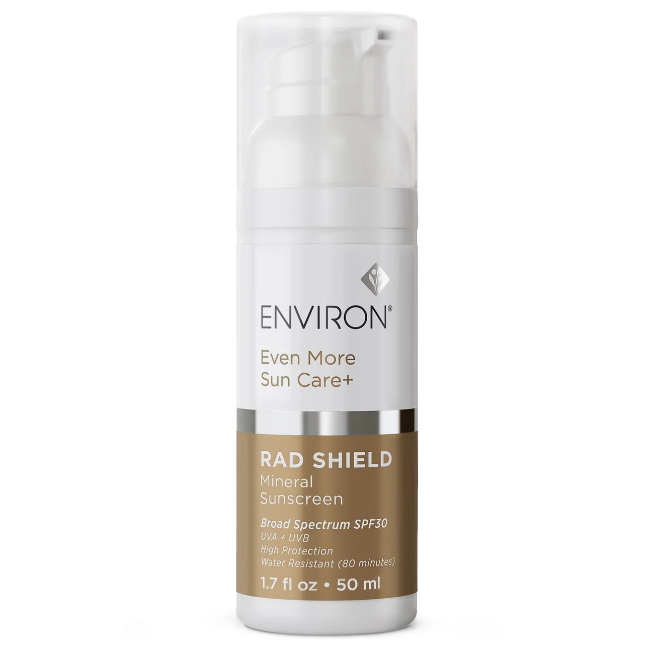 A white and gold pump bottle of RAD Shield Mineral Sunscreen, 1.7 fl oz (50 ml), SPF 30, offers broad-spectrum physical UV protection and 80 minutes water resistance.