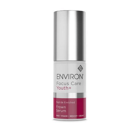 A bottle of Peptide Enriched Frown Serum with a silver cap and maroon-white label, designed for facial care and wrinkle reduction as a Botox alternative.