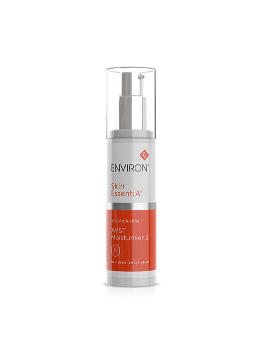 Environ Vita-Antioxidant AVST Moisturiser 3 in a white airless pump bottle with red and gray accents, a vitamin-rich cream designed to improve skin tone, texture, and hydration.