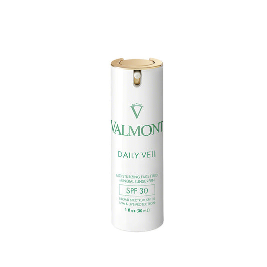 A white and gold bottle of VALMONT Vital B. Serum with green text and a pump dispenser stands upright on a plain white background.