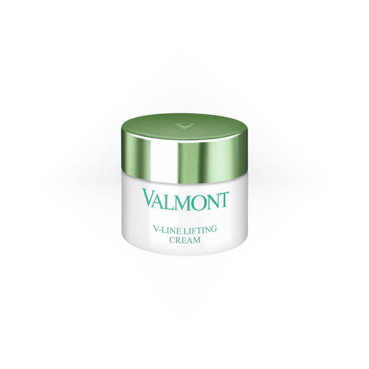 Valmont V-Line Lifting Cream in a white jar with a metallic green lid and green logo text.