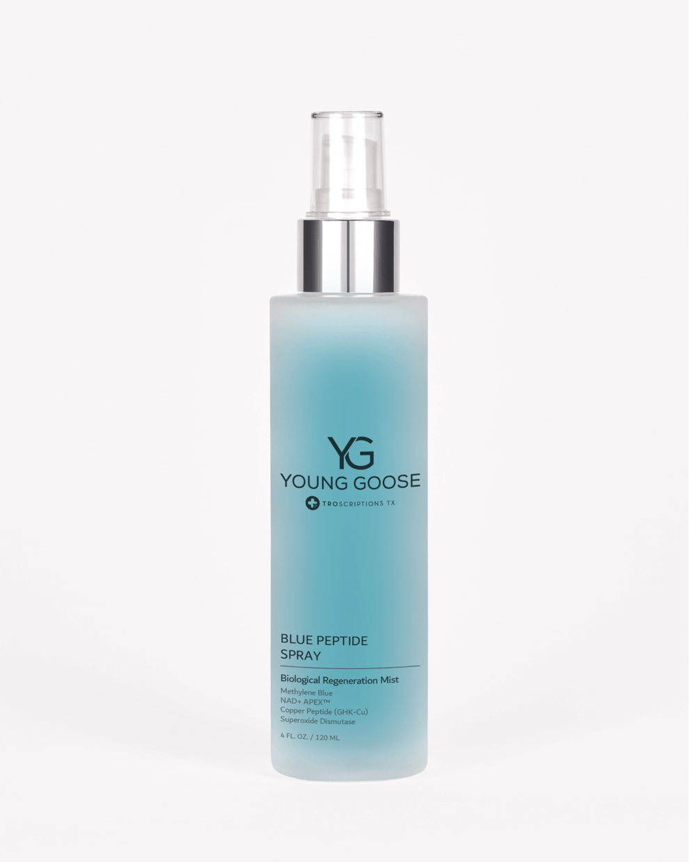 A tall, frosted bottle with a clear spray top, containing blue liquid. The label reads Blue Peptide Spray Biological Regeneration NAD+ skin mist, with more product details in smaller text.