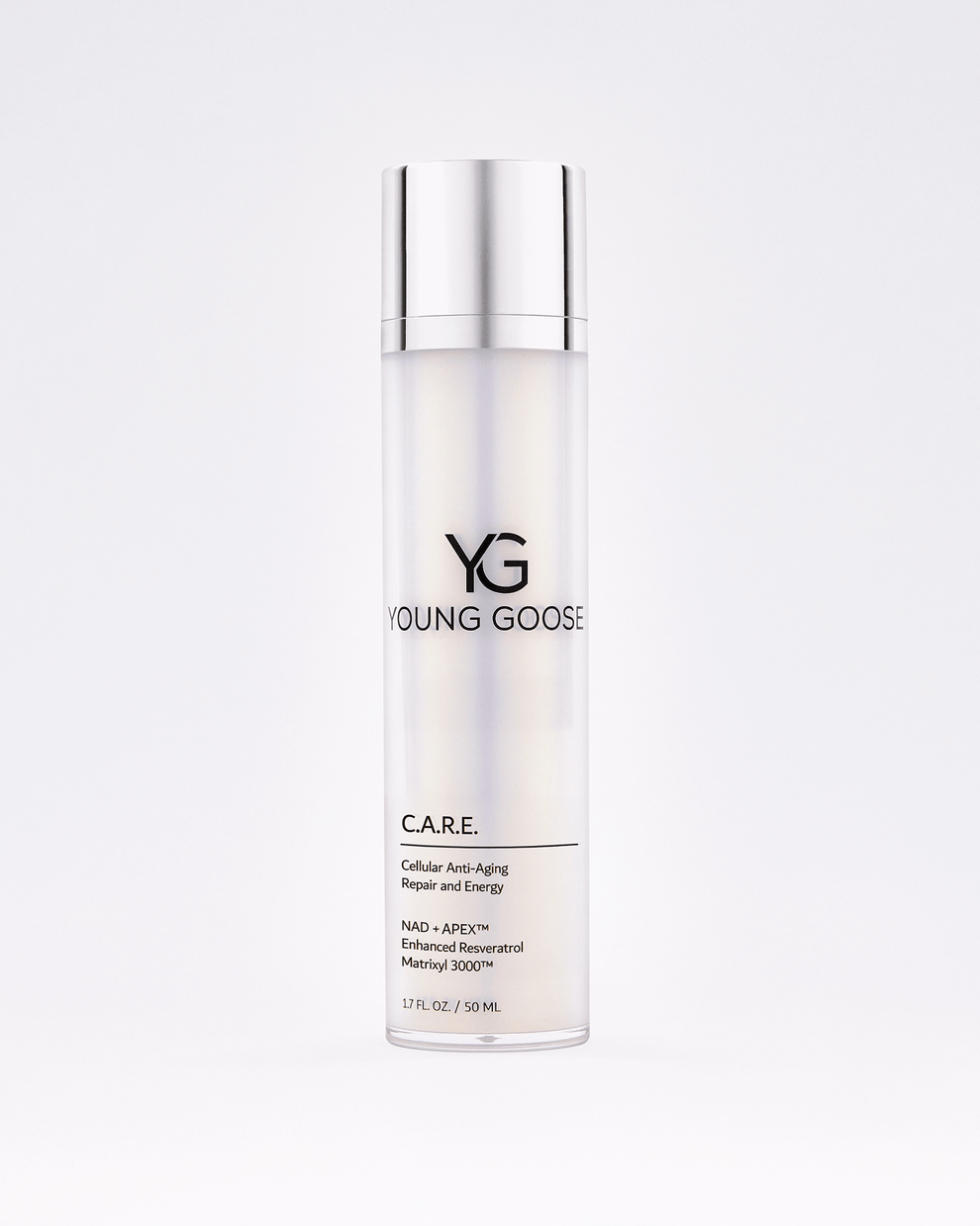 A sleek, cylindrical bottle of C.A.R.E. moisturizer with a silver cap. The label highlights anti-aging, repair, energy benefits, and reduced fine lines. Contains 1.7 fl oz (50 ml). Set against a plain white background.