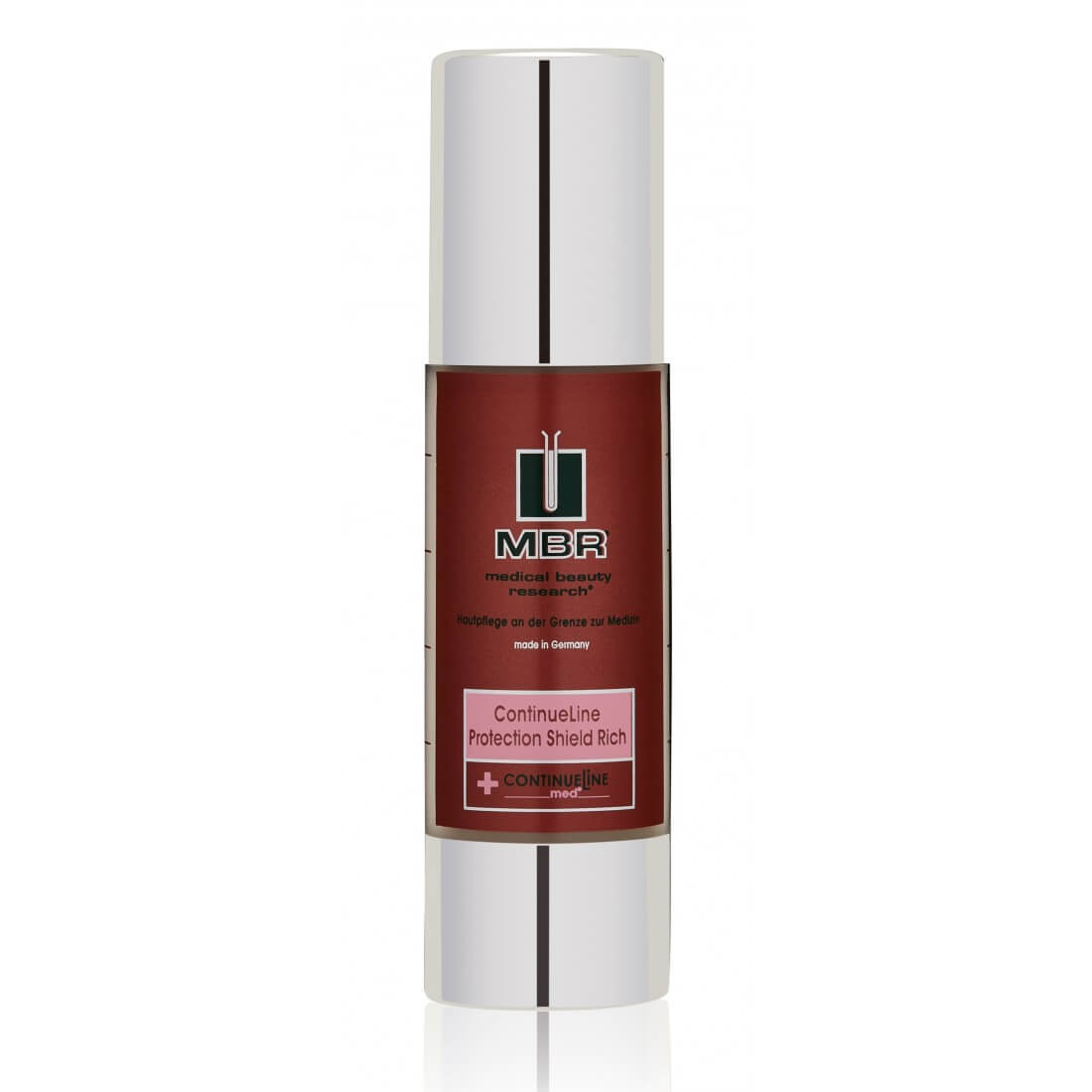 A cylindrical bottle of ContinueLine Protection Shield Rich moisturizing cream features a maroon label with silver accents and a white cap, displaying the brand logo and product details for advanced skin protection.