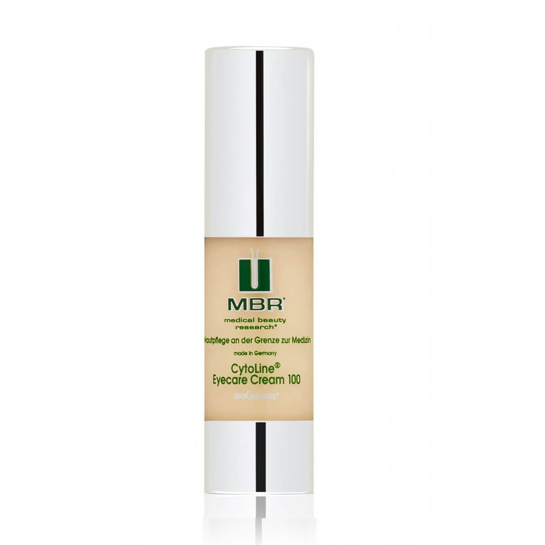 A bottle of CytoLine® Eyecare Cream 100, designed to target dark circles, stands upright in a white and beige cylindrical container with a green and black logo against a white background.