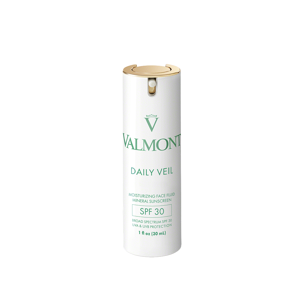 A white 30ml (1 oz) bottle of Valmont Vital Daily Veil SPF30 Mineral Sunscreen with UVA/UVB protection, green and gold text, a gold pump dispenser—an urban skincare solution.