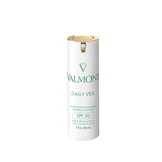 A white 30ml (1 oz) bottle of Valmont Vital Daily Veil SPF30 Mineral Sunscreen with UVA/UVB protection, green and gold text, a gold pump dispenser—an urban skincare solution.
