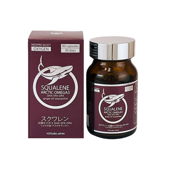 A brown bottle labeled Squalene Arctic Omega, with a shark illustration, stands beside a maroon box. Both feature Japanese and English text and promote omega-3 benefits with antioxidant protection. The box indicates 90 capsules for 30 days.