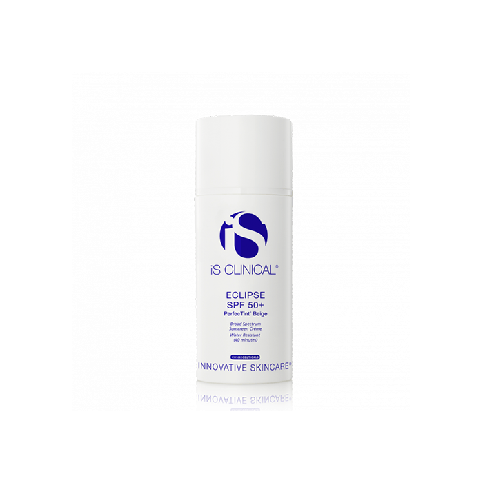 A white bottle of iS Clinical Eclipse SPF 50+ PerfecTint™ Beige sunscreen with blue text and logo, offering an ultra-sheer formula, innovative skincare, and broad-spectrum UVA/UVB protection. Plain white background.