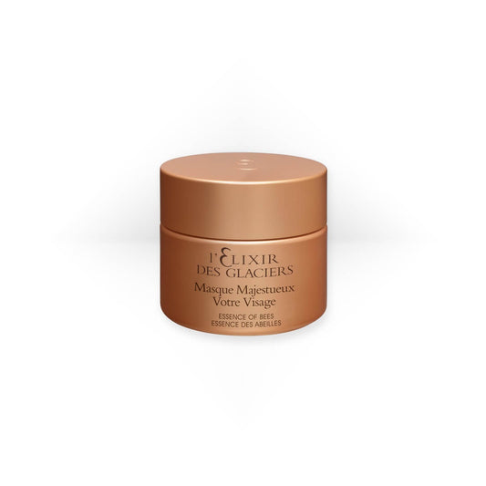 Elixir des Glaciers Masque Majestueux Votre Visage in a frosted glass jar with a gold lid, a rich and luxurious face mask designed to nourish, lift, and firm the skin.