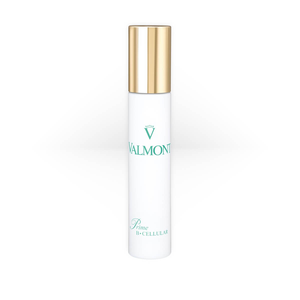 Valmont Prime B-Cellular Serum in a sleek white bottle with a shiny silver cap and green logo text, a revitalizing anti-aging serum to smooth and firm the skin.