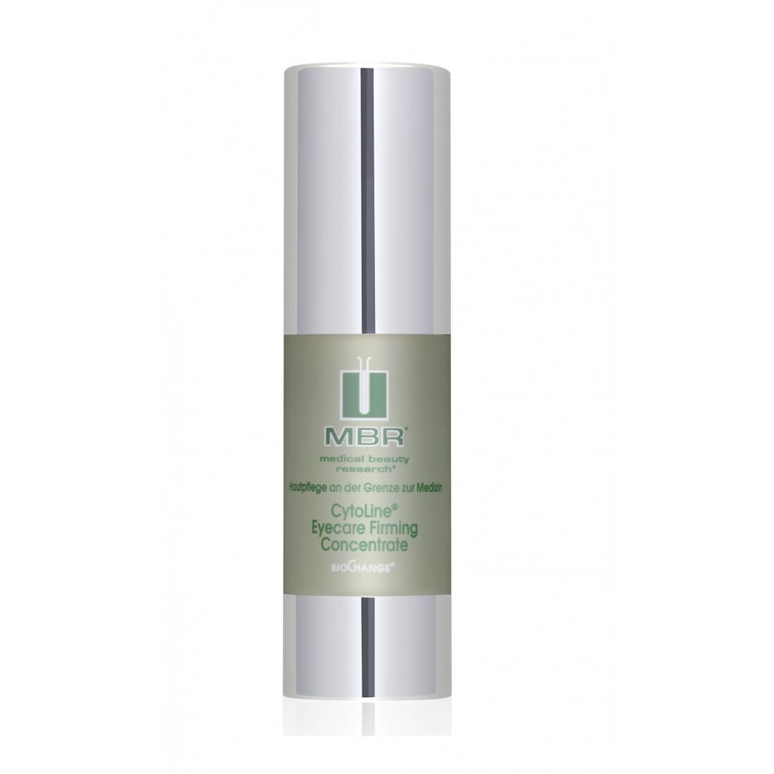 A silver and green cylindrical bottle of CytoLine® Eyecare Firming Concentrate, with a white logo and product info on the front—formulated to lift and firm the eye area by supporting collagen fibers.