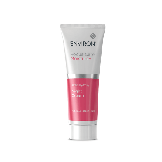 A tube of Alpha Hydroxy Night Cream with a silver and pink design stands upright on a white background.