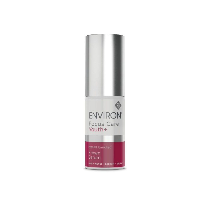 A bottle of Peptide Enriched Frown Serum with wrinkle-fighting peptides, a silver cap, and a white and magenta label is displayed against a plain white background.