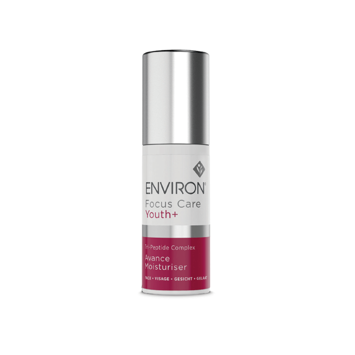 A bottle of Peptide Complex Avance Moisturizer with a silver cap and white-burgundy label stands upright on a white background—an advanced anti-ageing skincare solution featuring powerful peptide complexes.