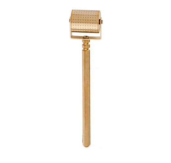 The Cosmetic Gold Roll-CIT® is a facial massage tool with a long, textured handle and a perforated roller head, shown isolated on a white background.