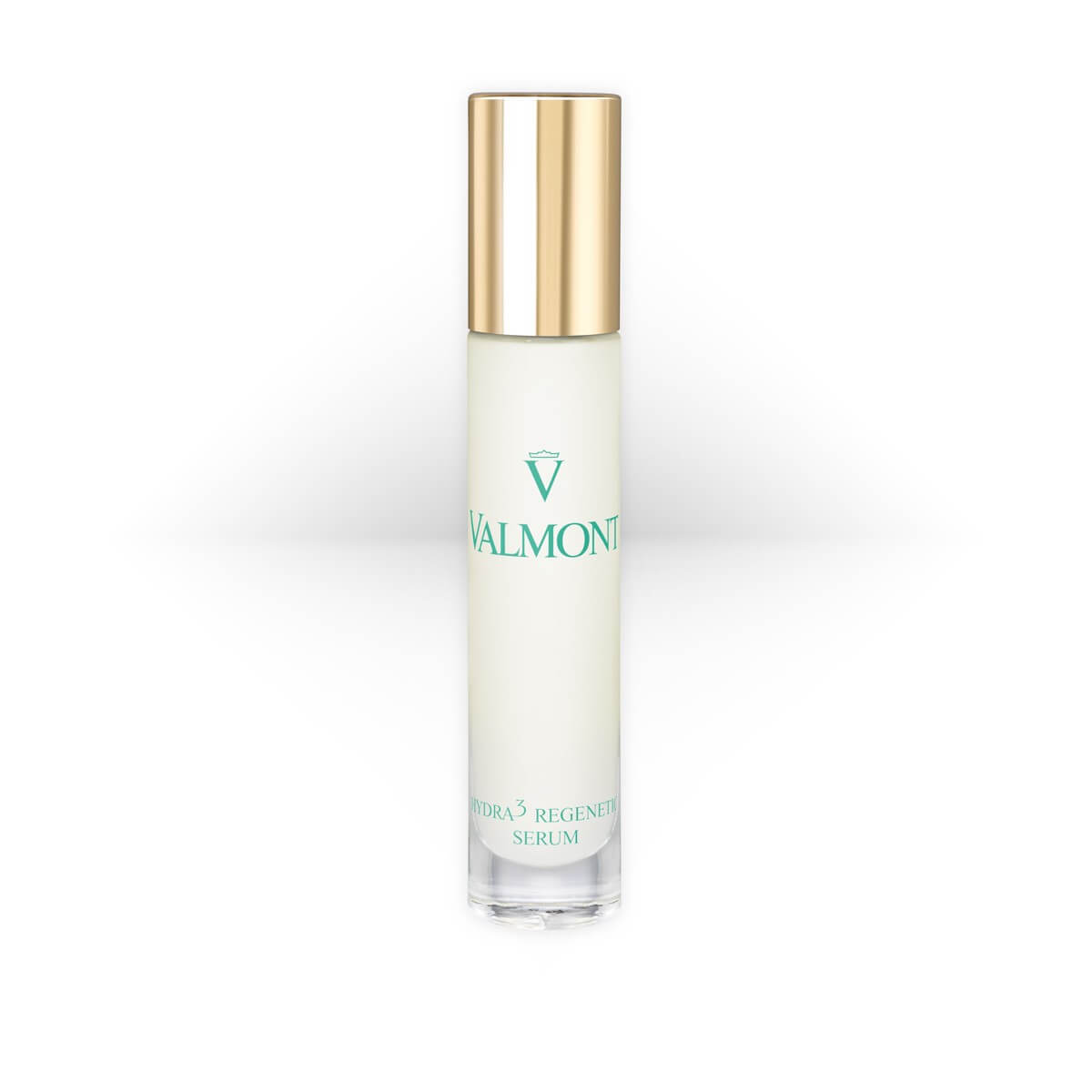 Valmont Hydra3 Regenetic Serum in a sleek white bottle with a silver cap and green logo text, an intensive hydrating serum designed to plump and regenerate dry skin.