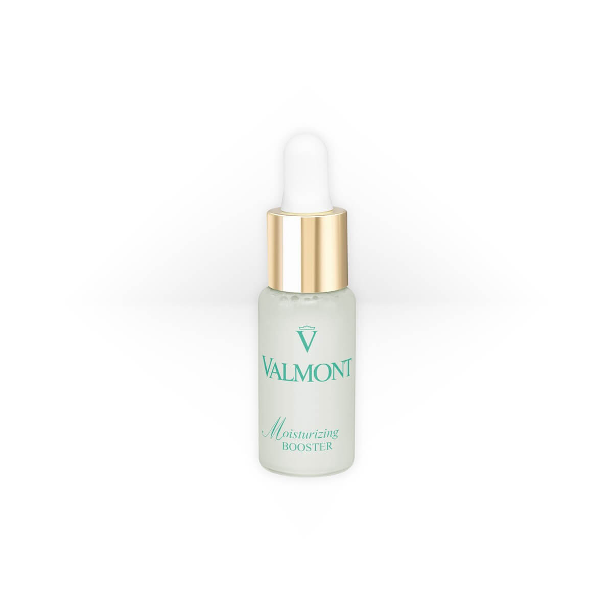 Valmont Moisturizing Booster in a sleek white bottle with a silver cap and green logo text, a hydration-boosting serum designed to plump and refresh dry skin.