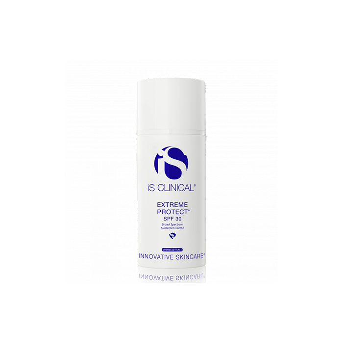 A white cylindrical bottle of iS Clinical Extreme Protect SPF 30 sunscreen, featuring blue text and logo and labeled Innovative Skincare, provides broad-spectrum UVA/UVB protection and stands upright on a white background.