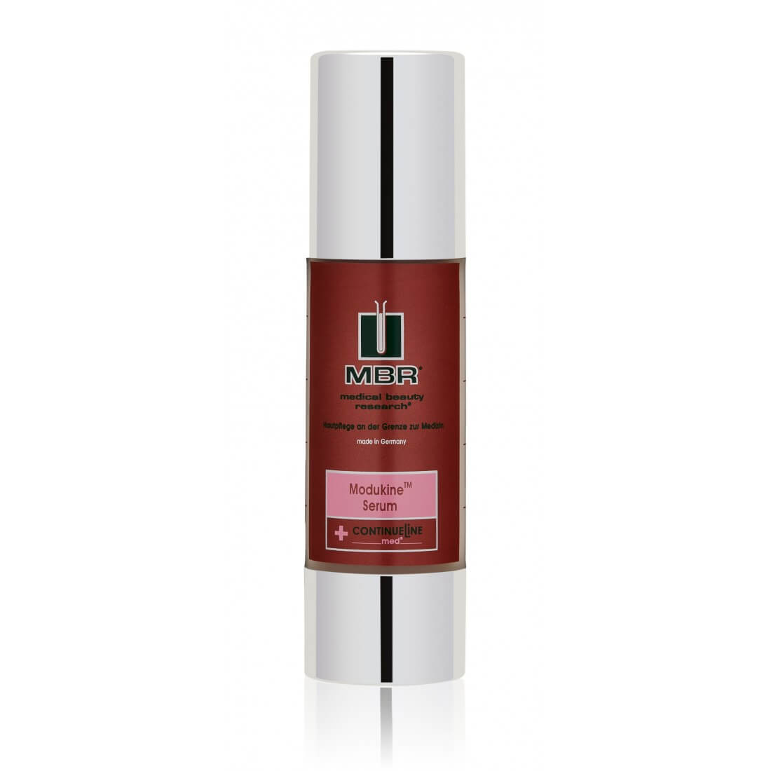 MBR Modukine™ Serum in a sleek silver pump bottle, a soothing and restorative serum designed to calm sensitive skin and strengthen the skin barrier.