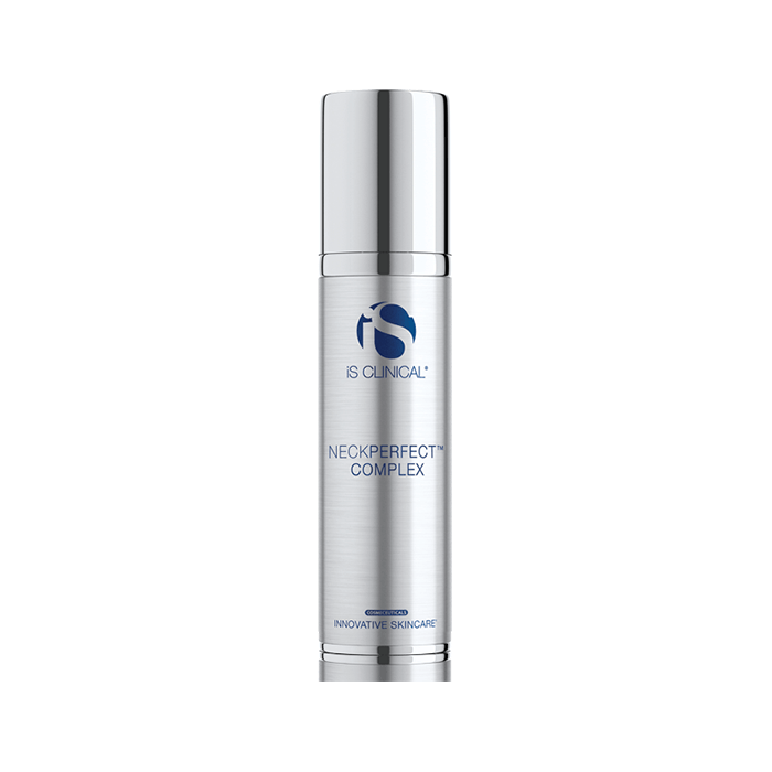 A silver cylindrical bottle of iS Clinical Neck Perfect Complex with blue text and a metallic cap stands upright against a white background, designed to improve skin tone with its age-defying formula.