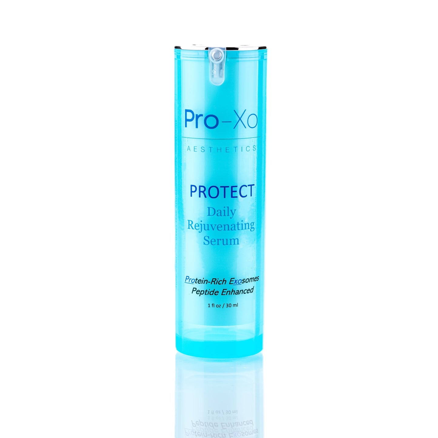 A blue cylindrical bottle labeled Pro-Xo Protect with white and blue text stands upright on a white background. This exosome serum contains 1 fl oz (30 ml) of formula.