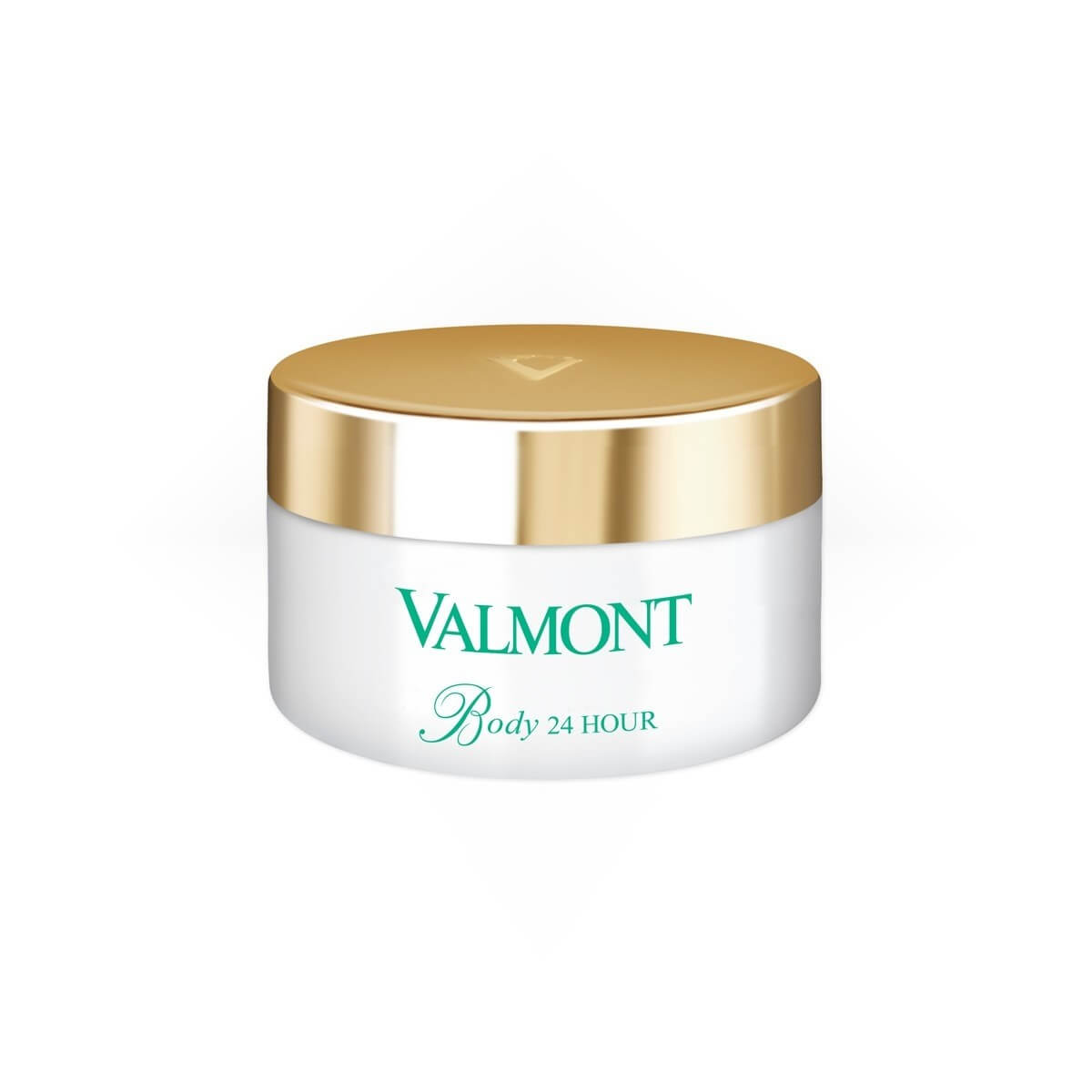Valmont Body 24 Hour cream in a white jar with a shiny gold lid and green logo text