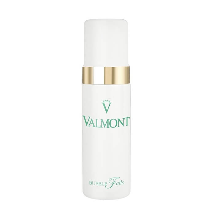 Valmont Bubble Falls facial cleanser in a white bottle with gold accent and green logo text.