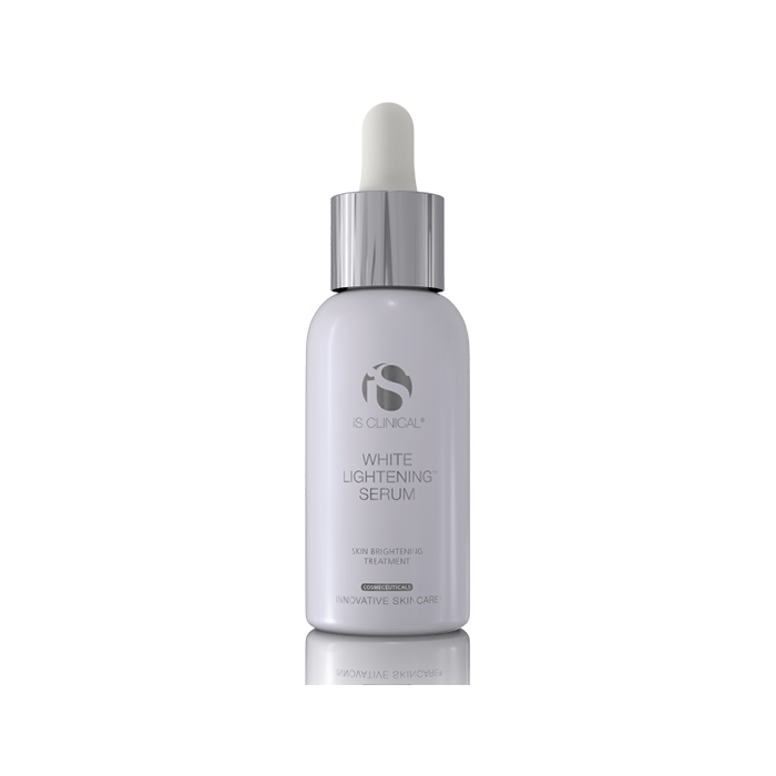 A sleek white dropper bottle labeled iS Clinical White Lightening Serum stands against a white background, featuring a metallic silver cap and minimalist design; its formulated to target uneven skin tone.