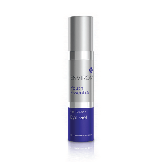 A silver and purple bottle of Vita-Peptide Eye Gel, enriched with peptides and antioxidants, stands upright on a white background.
