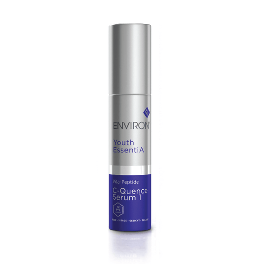 A silver and purple bottle of Vita-Peptide C-Quence Serum 1, with the Vitamin STEP-UP SYSTEM™ and antioxidants, stands upright on a white background.