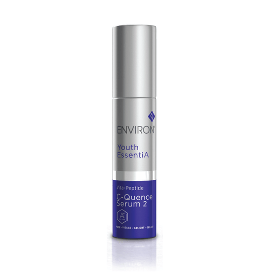 A silver and purple bottle of Vita-Peptide C-Quence Serum 2 with powerful antioxidants and the Vitamin STEP-UP SYSTEM™ stands upright on a white background.