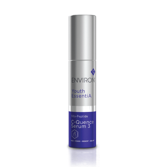A silver and blue bottle of Vita-Peptide C-Quence Serum 3, enriched with antioxidants and built on the Vitamin STEP-UP SYSTEM™, stands upright against a white background.