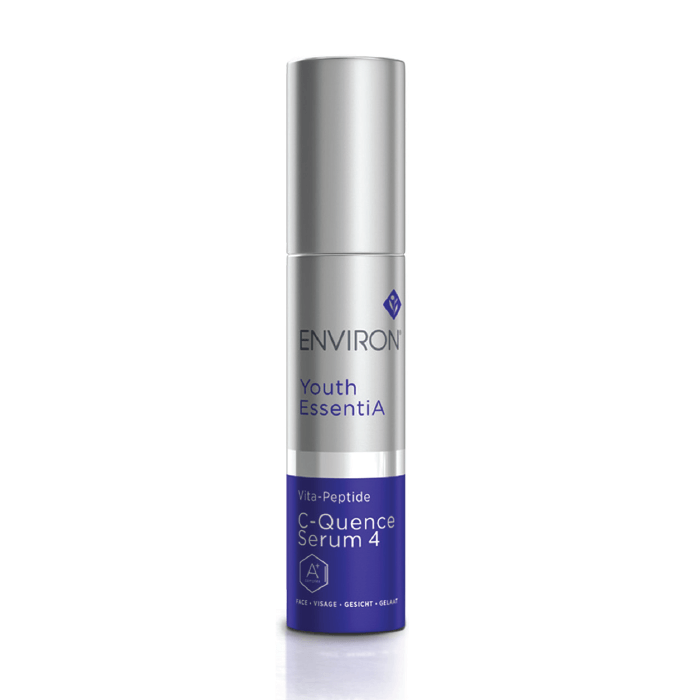 A silver and purple bottle of Vita-Peptide C-Quence Serum 4 stands upright on a white background.
