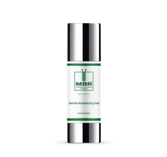 A silver and white bottle of MBR Moisturizing Gel with green accents stands upright on a white background. The label features the brand name and details, promoting maximum moisture with hyaluronic acid.