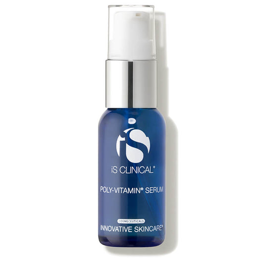 A blue bottle of Poly-Vitamin Serum 15ml with a white pump dispenser and silver collar, labeled INNOVATIVE SKINCARE, stands upright on a white background.