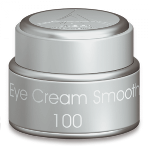 A small silver jar labeled Eye Cream Smooth 100 0.5 oz with a rounded lid, shown on a white background—designed to reduce dark circles and boost collagen production.
