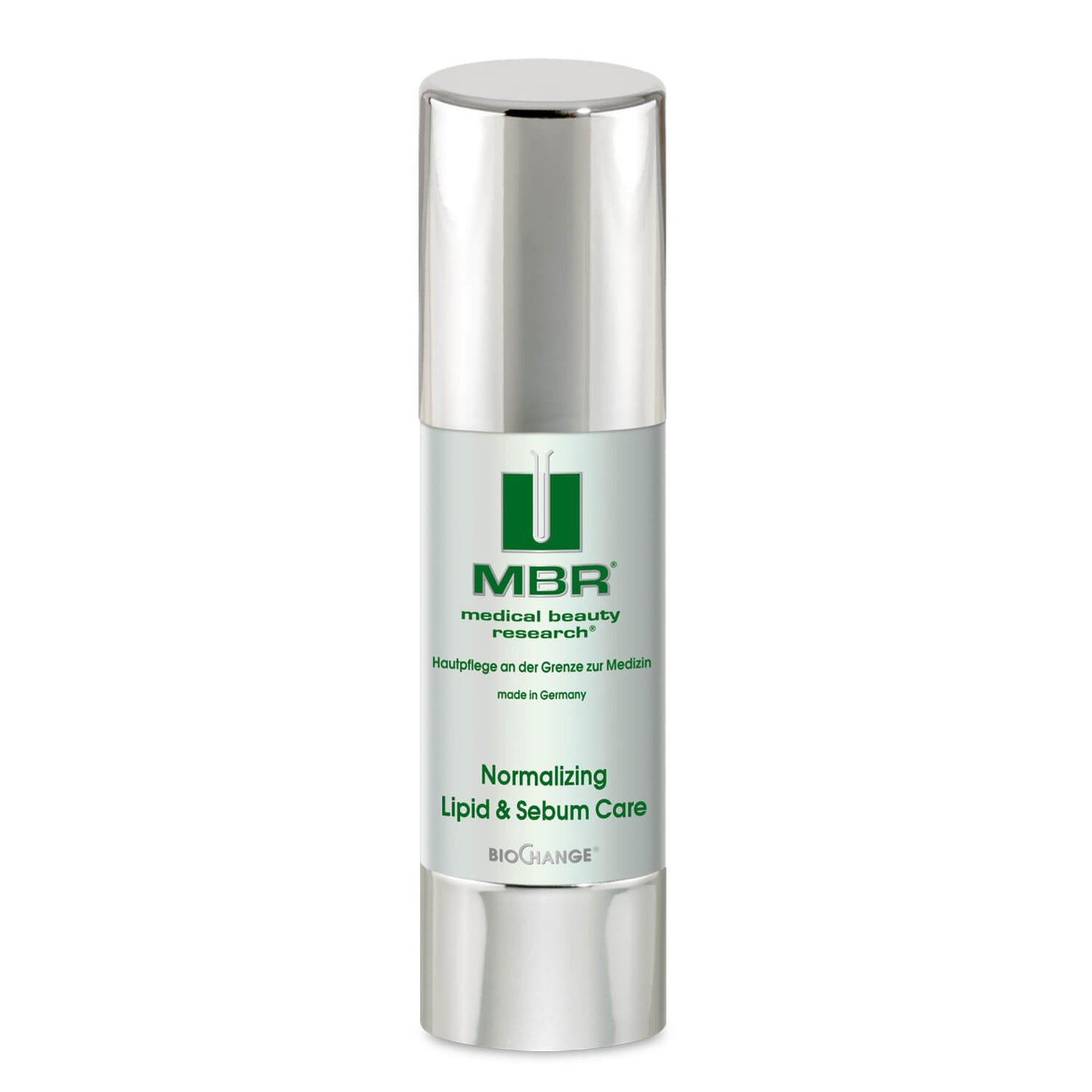 A silver and white bottle of Normalizing Lipid & Sebum Care, designed for mixed and oily skin, featuring green and black text on the label.