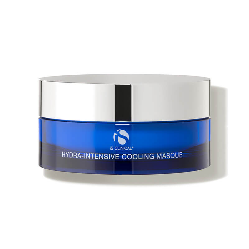 A blue jar with a shiny silver lid labeled Hydra-Intensive Cooling Masque, featuring hydrating ingredients like hyaluronic acid, displayed on a white background.