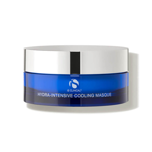 A blue jar with a shiny silver lid labeled Hydra-Intensive Cooling Masque, featuring hydrating ingredients like hyaluronic acid, displayed on a white background.